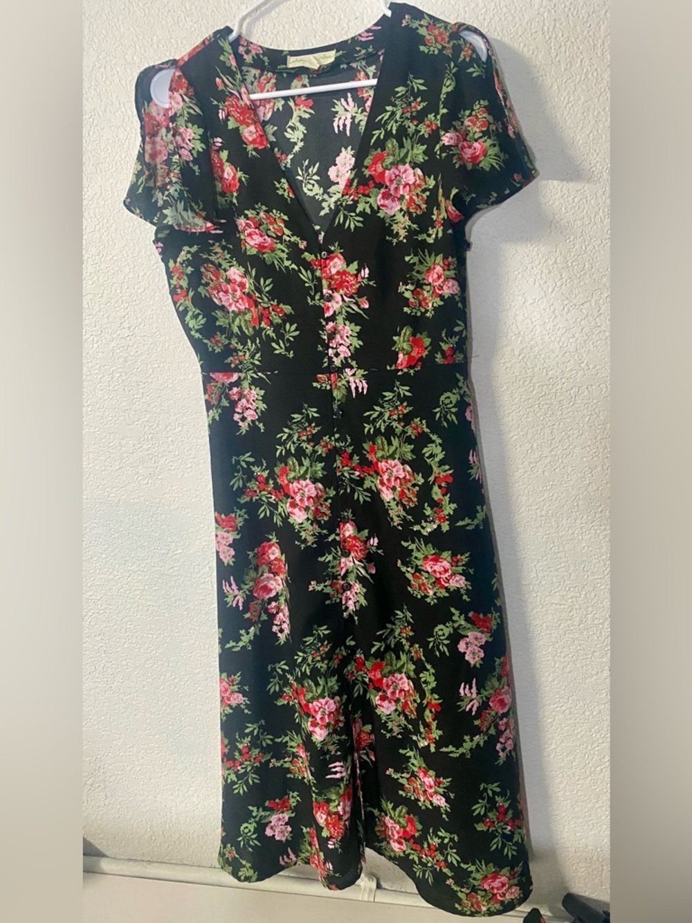 Staring at Stars Black Floral V-Neck Midi Cottagecore Dress w/ flutter sleeves